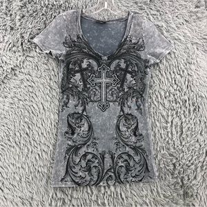 Daytrip Shirt Womens Medium Embellished Vneck Cross Gray Tye Dye